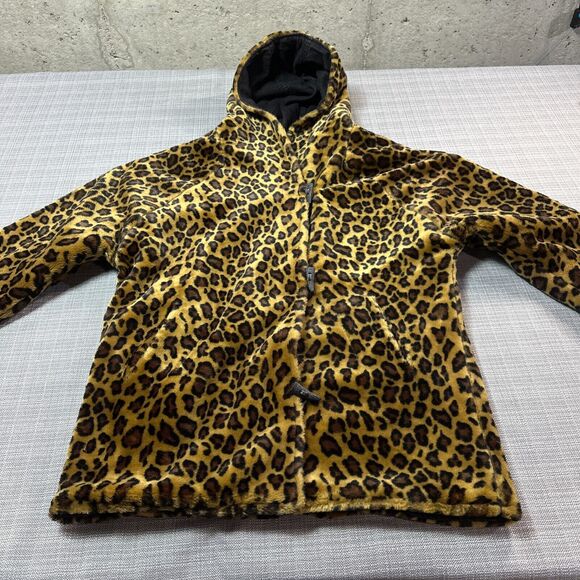 Mob Wife Faux Fur Cheetah Jacket Large Hooded Reversible to Denim Maximalist - Picture 1 of 12